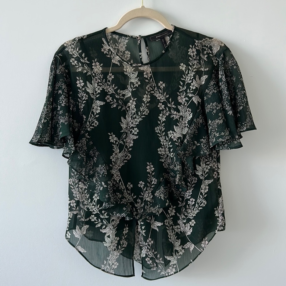 Elegant, dark, green, BCBG, short sleeve blouse with inner lining tank